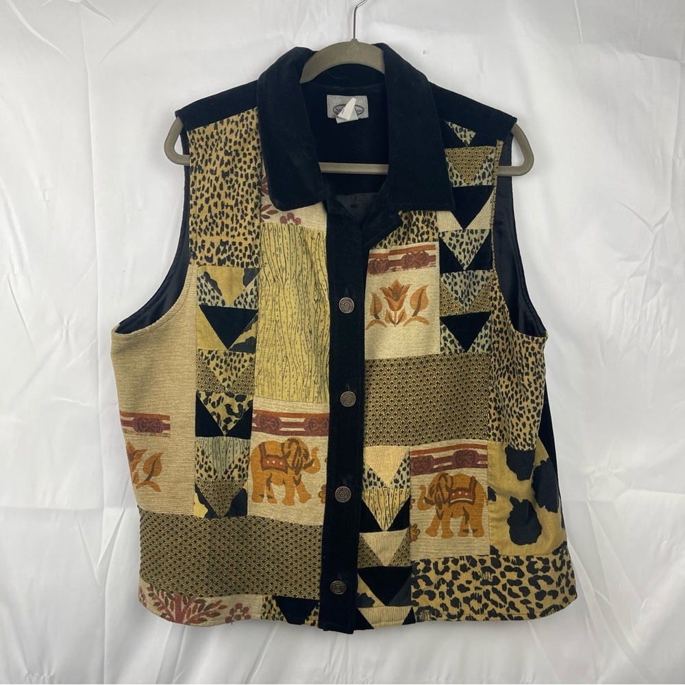 Vintage Stonebridge Patchwork Elephant Motif Button Up Art to Wear Vest Women 1X